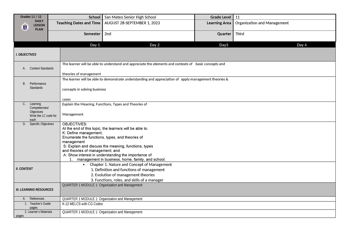 DLL Q1 WEEK 1 Org - lecture - Grades 11 / 12 DAILY LESSON PLAN School ...