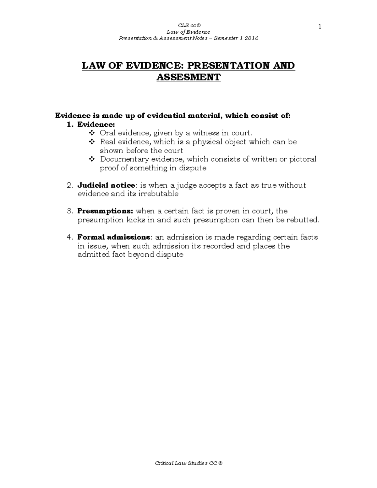 LEV Notes NEW 2022 FOR EXAM PREP - Law of Evidence Presentation ...