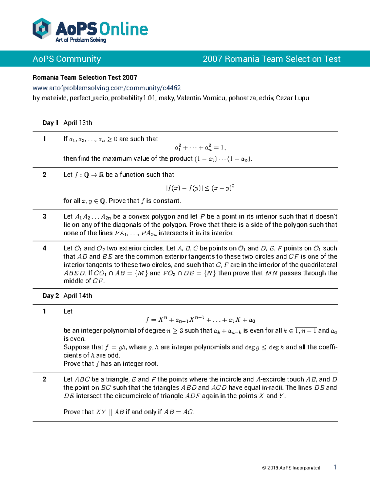 4462 - Romania Team Selection Test 2007 artofproblemsolving/community/c ...