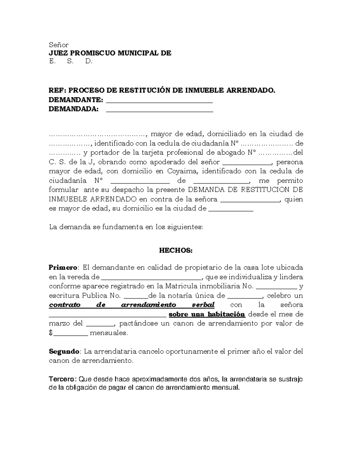 Demanda de Restitución de Inmueble Arrendado - Señor JUEZ PROMISCUO ...