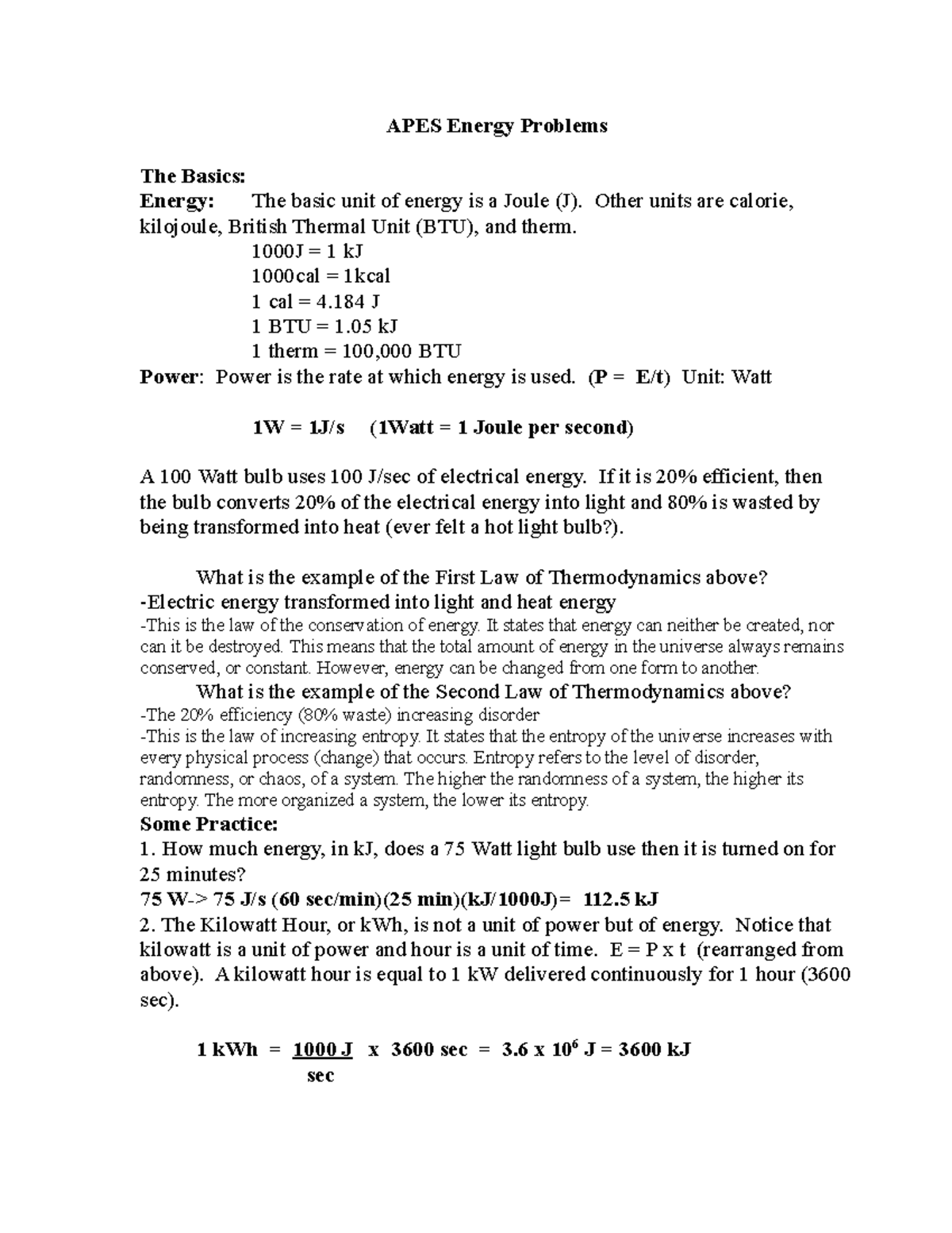 APESEnergyProblemskey APES Energy Problems The Basics Energy The