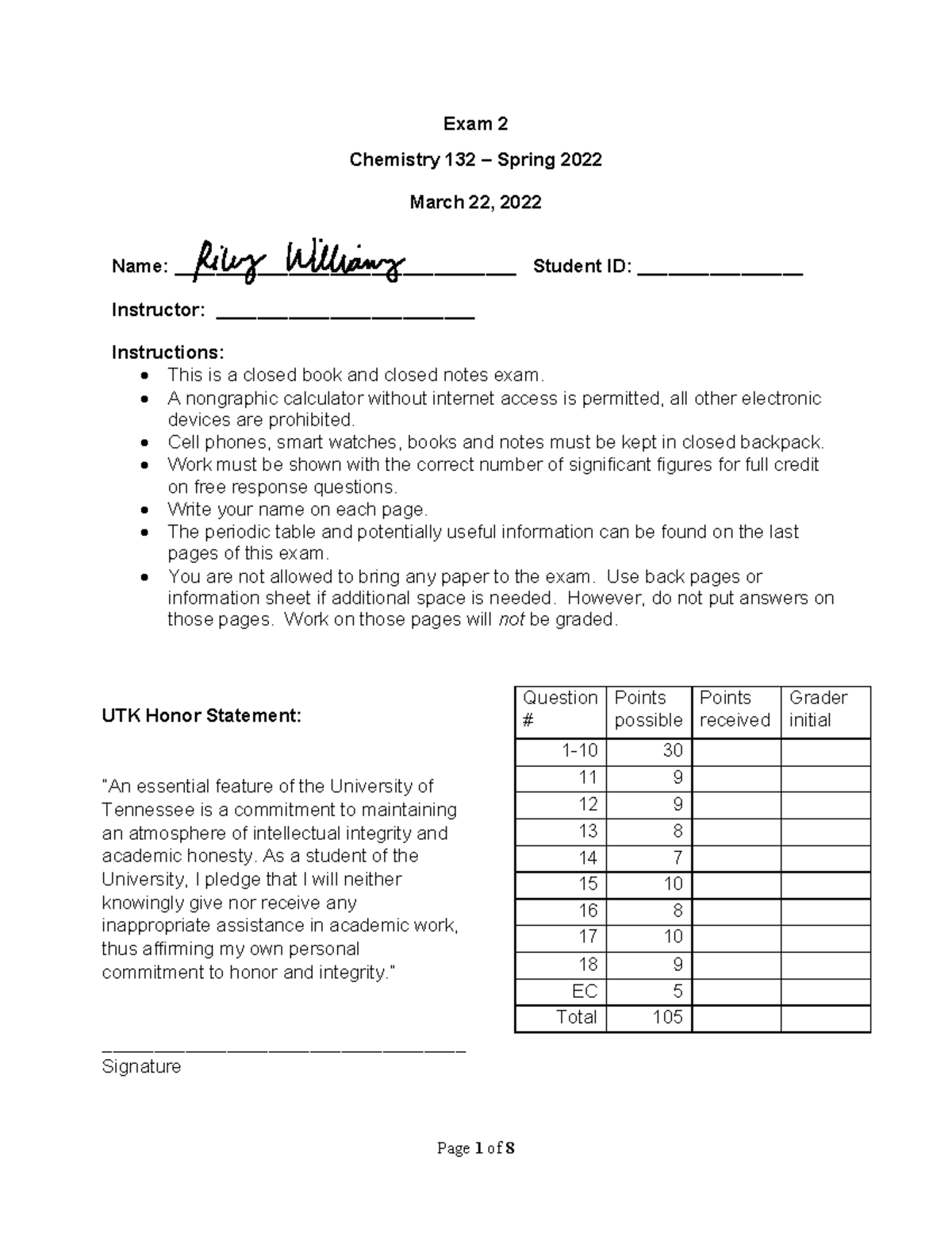 Chem 132 Practice Exam 2 (A) - Exam 2 Chemistry 132 – Spring 2022 March ...