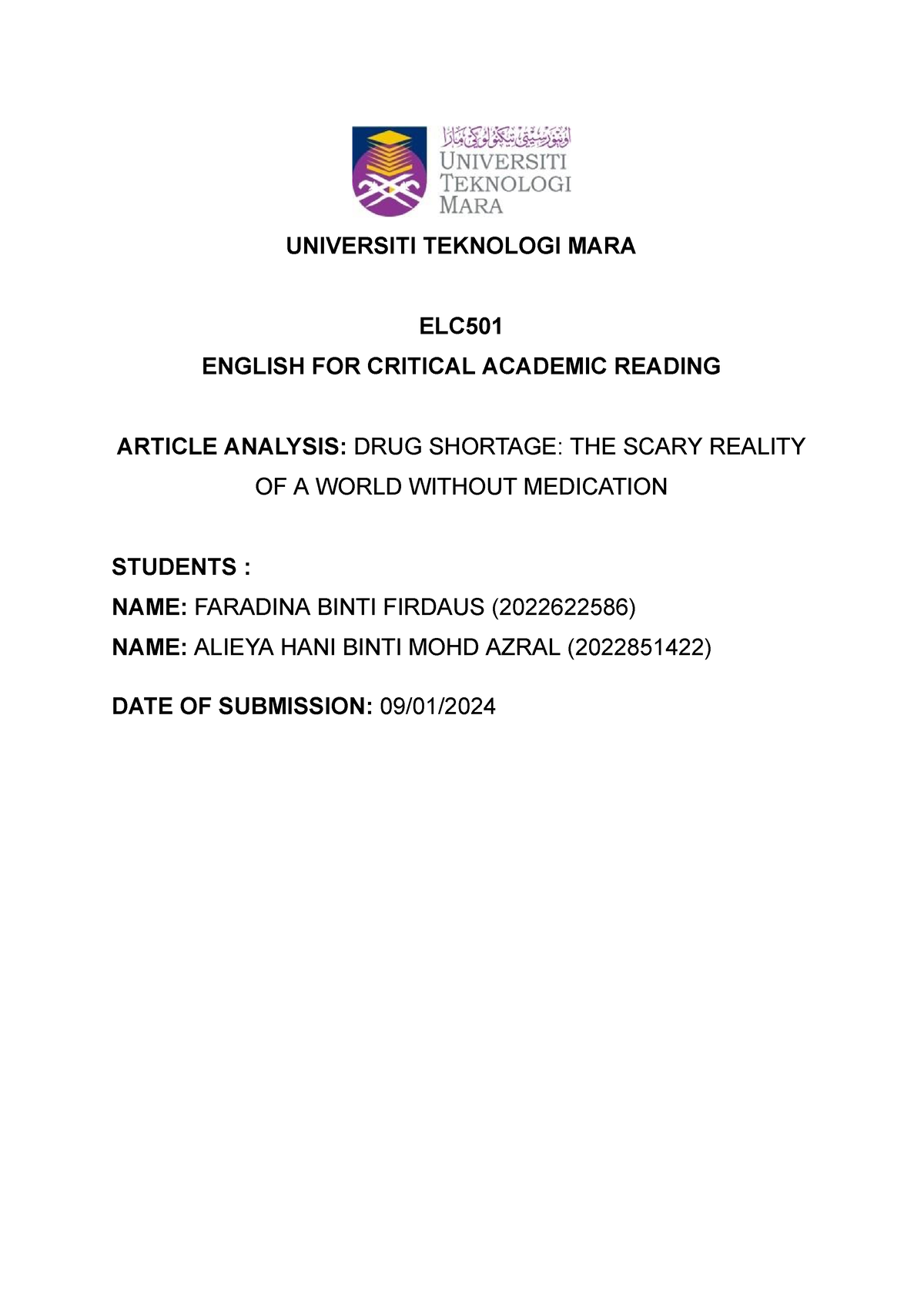 Article Analysis ELC501 - UNIVERSITI TEKNOLOGI MARA ELC ENGLISH FOR ...