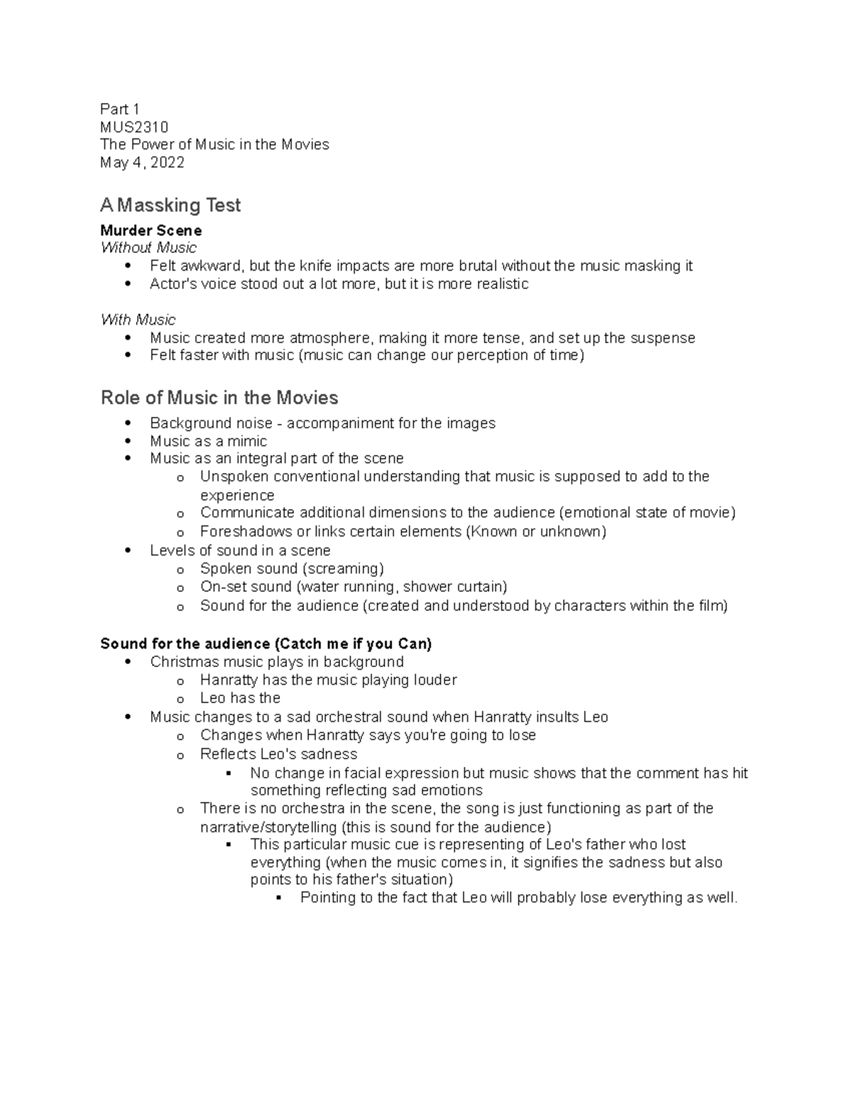 MUS2310 Lecture 1 Notes Part 1 - Part 1 MUS The Power of Music in the ...