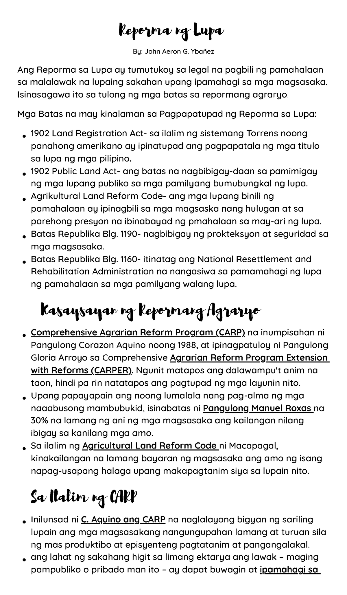 Reporma Ng Lupa Reporma Ng Lupa By John Aeron G Ybañez Ang Reporma Sa Lupa Ay Tumutukoy Sa 