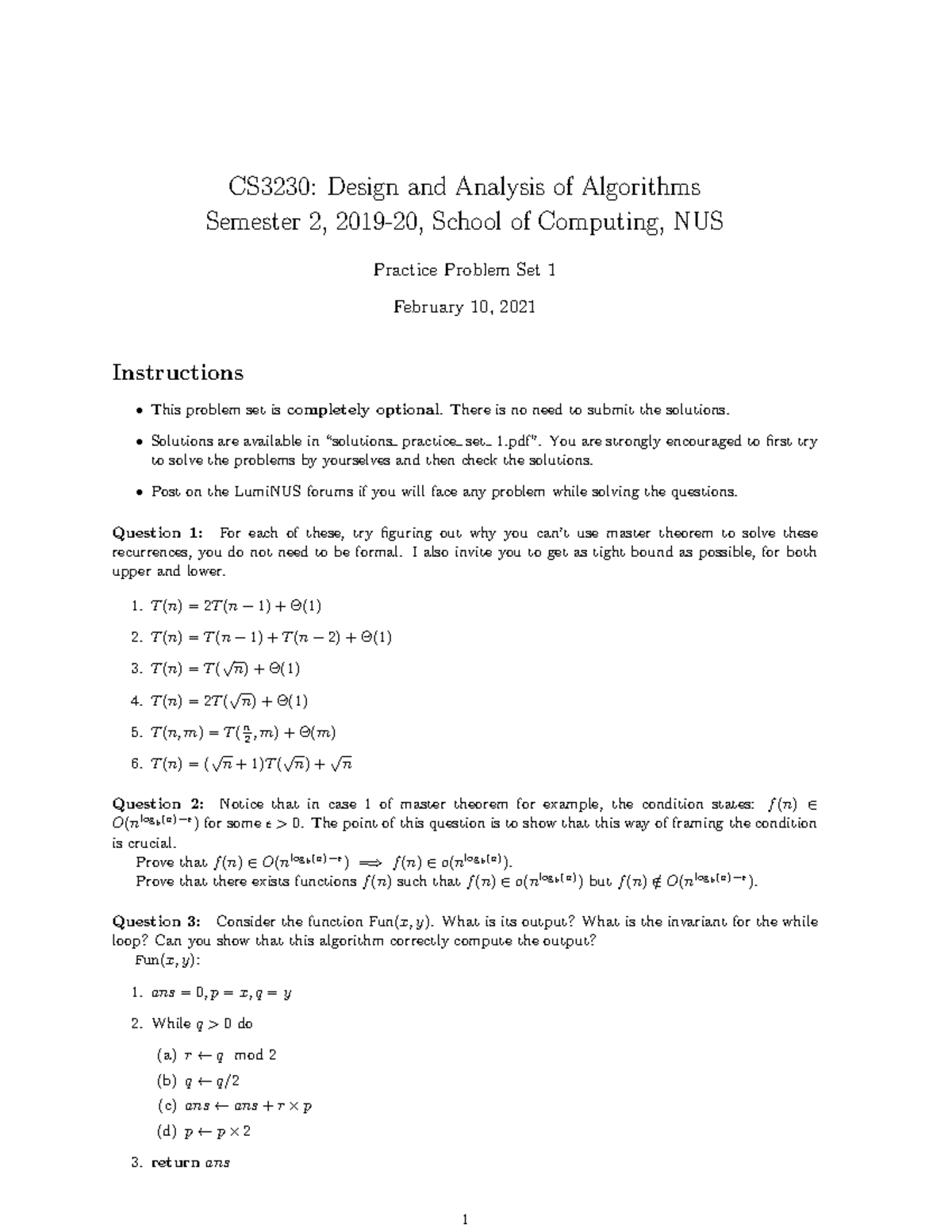 Practice Set 1 - CS3230: Design And Analysis Of Algorithms Semester 2 ...