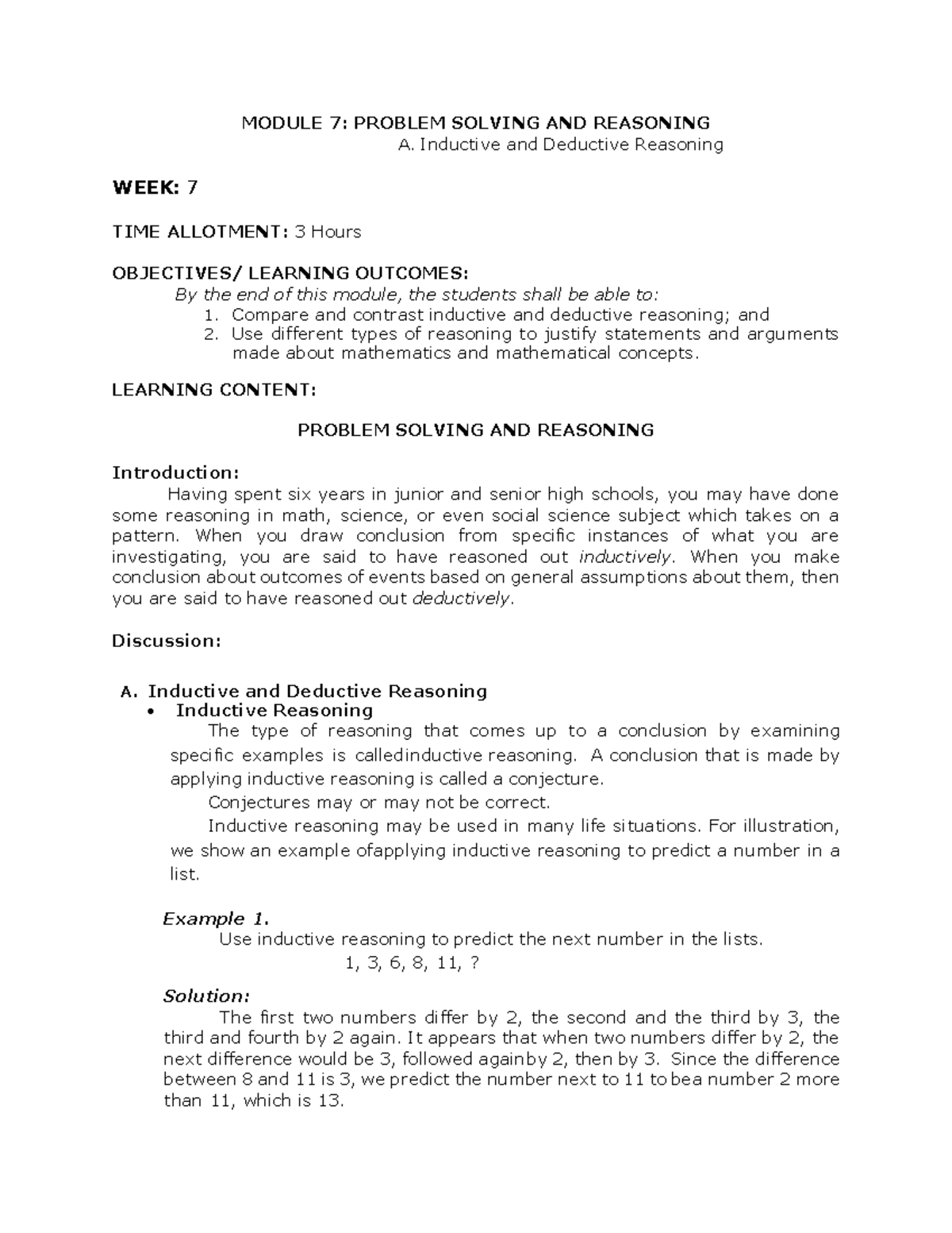 GEC 005 WEEK 7 MATHEMATICS - MODULE 7: PROBLEM SOLVING AND REASONING A ...