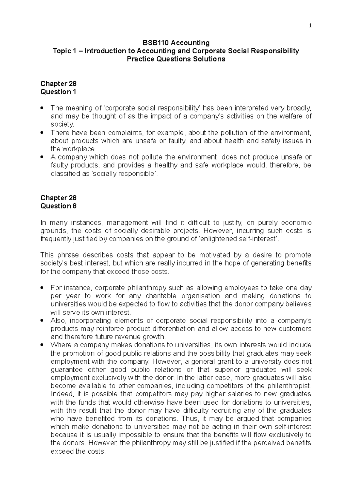 Topic 1 - Practice Questions Solutions - 1 BSB110 Accounting Topic 1 ...