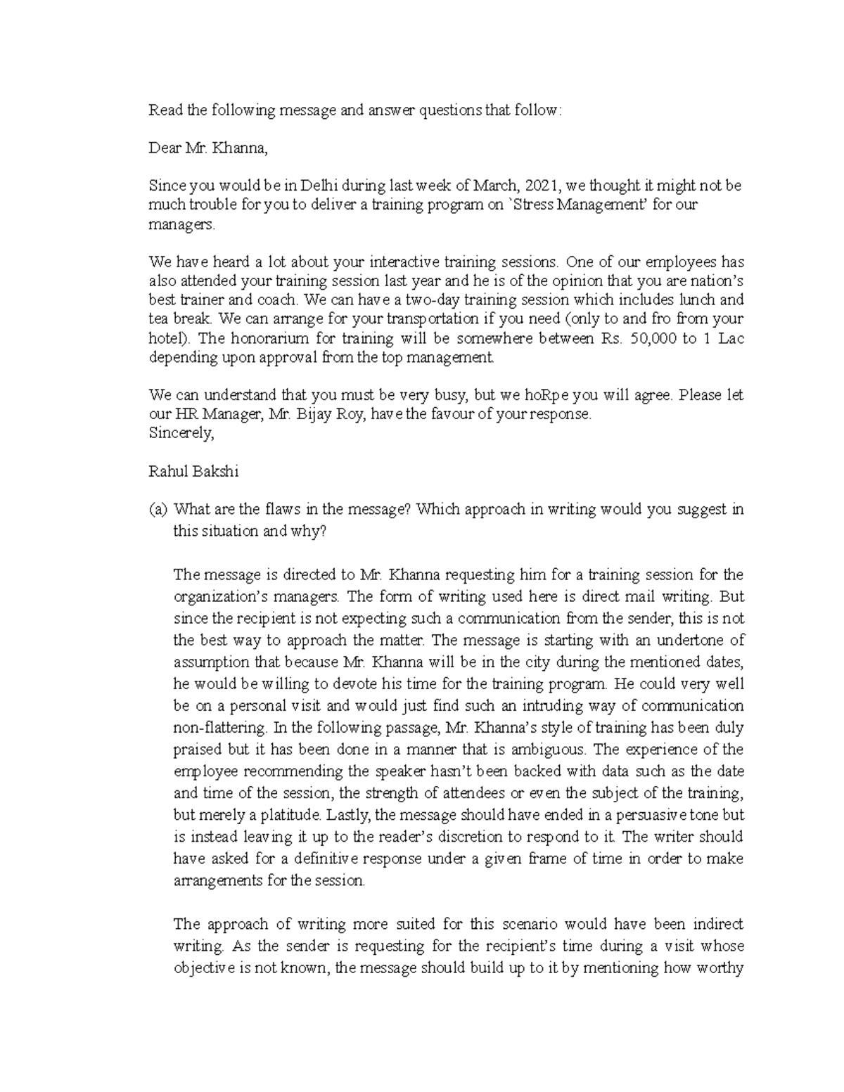 Ques (1) - Managerial Communication - Read the following message and ...