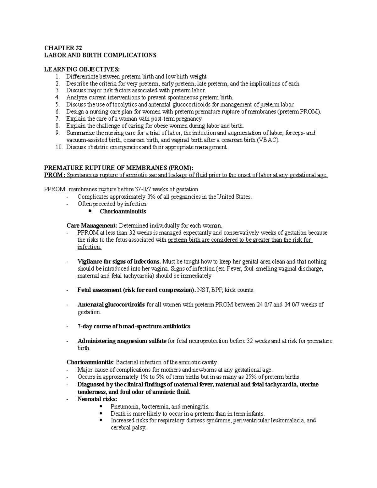 Ch. 32 Notes - CHAPTER 32 LABOR AND BIRTH COMPLICATIONS LEARNING ...