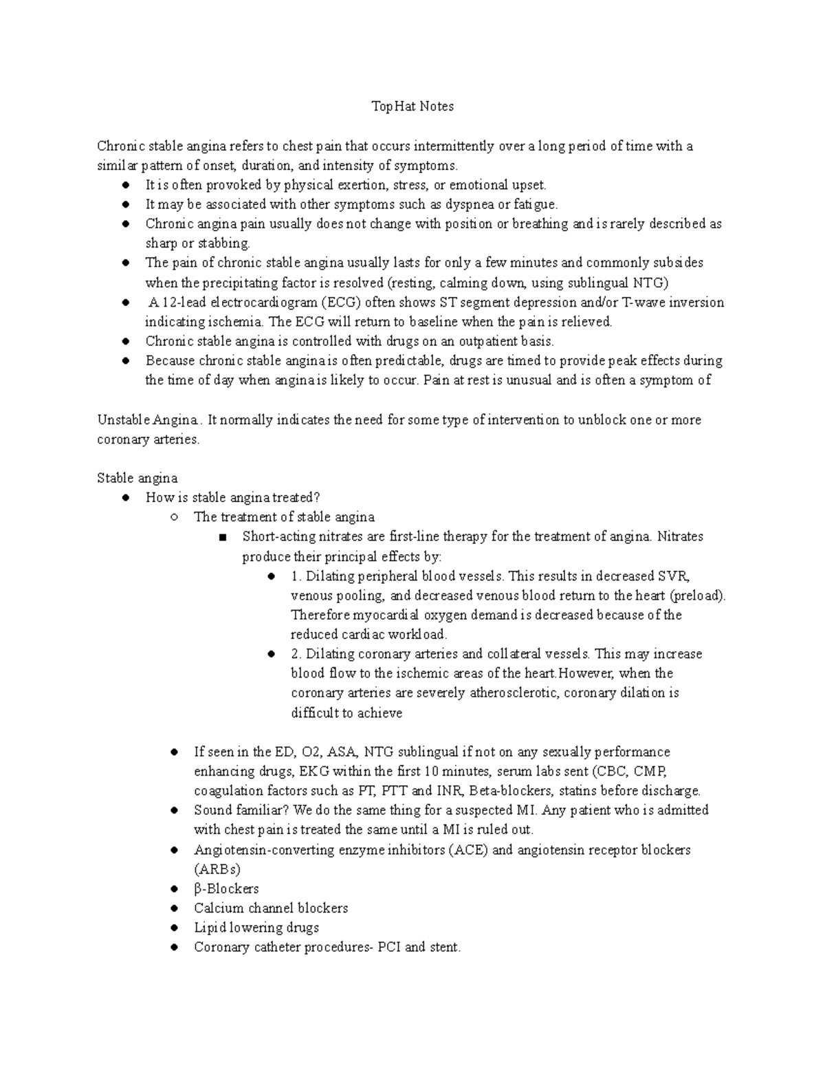 Top Hat Notes Module 1 - TopHat Notes Chronic stable angina refers to ...