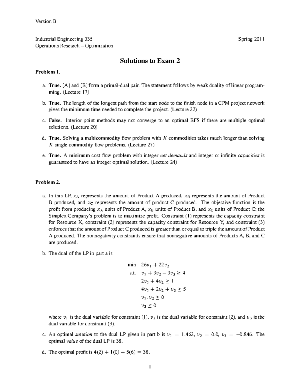 Exam2-b - Exam2-b - Version B Industrial Engineering 335 Spring 2011 ...