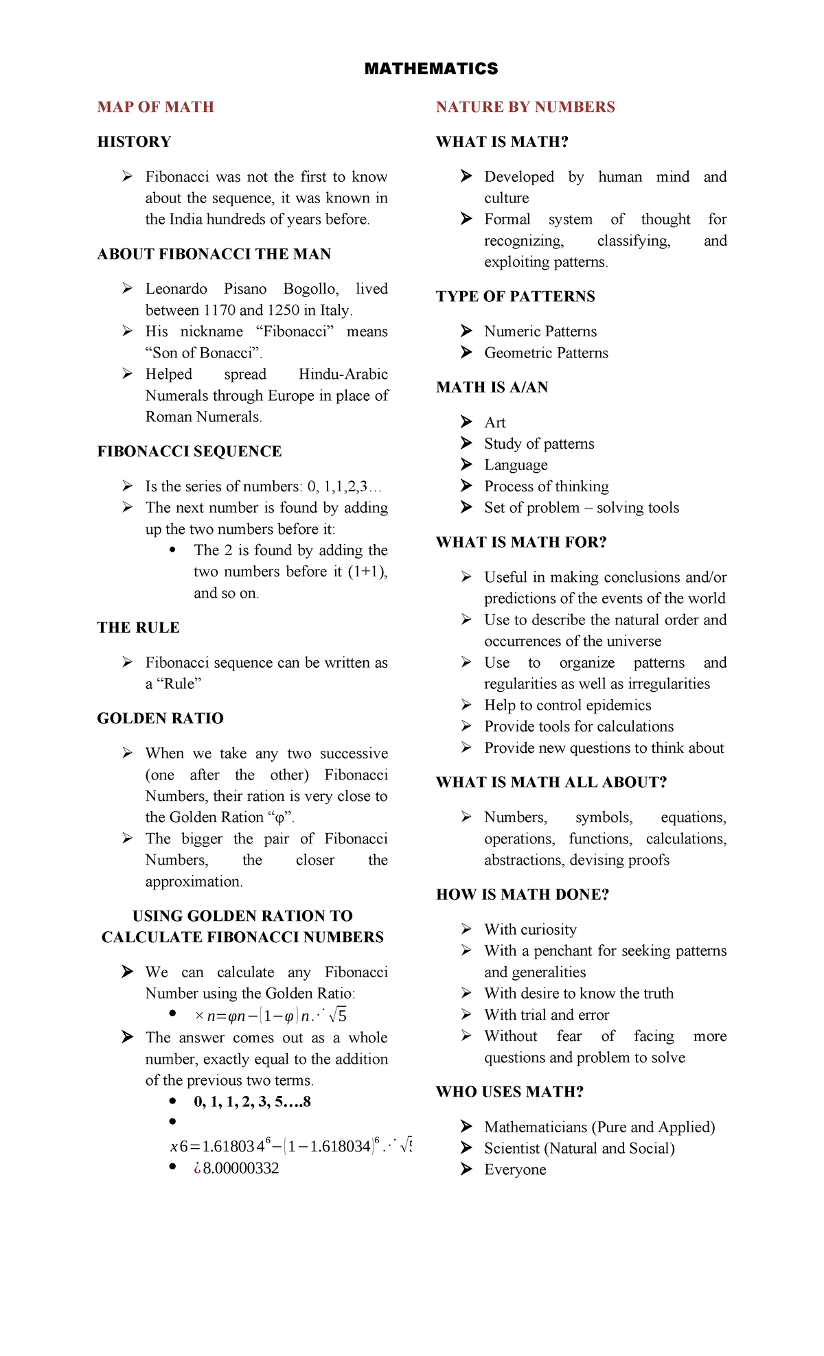 Prelims-MATH - Lecture notes 1 - MAP OF MATH HISTORY Fibonacci was not ...
