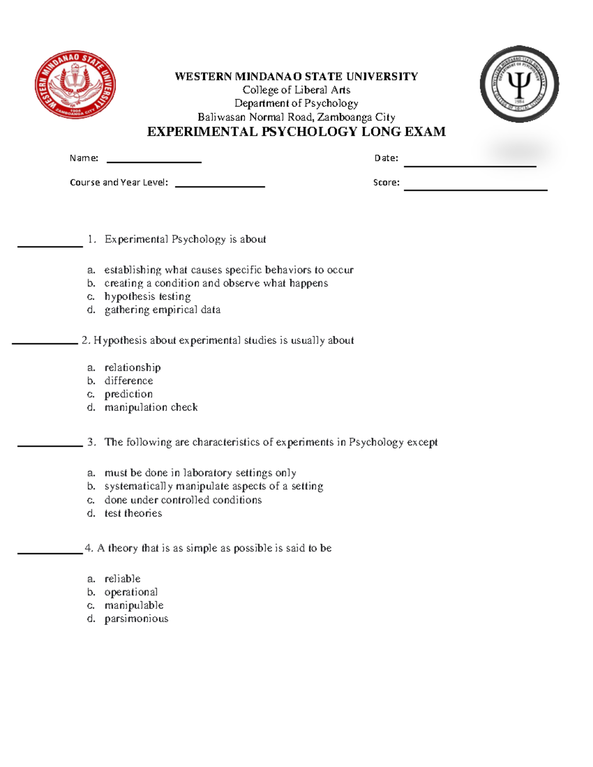 Experimental Psychology Examination (WITH ANSWER) BS Psychology PUP