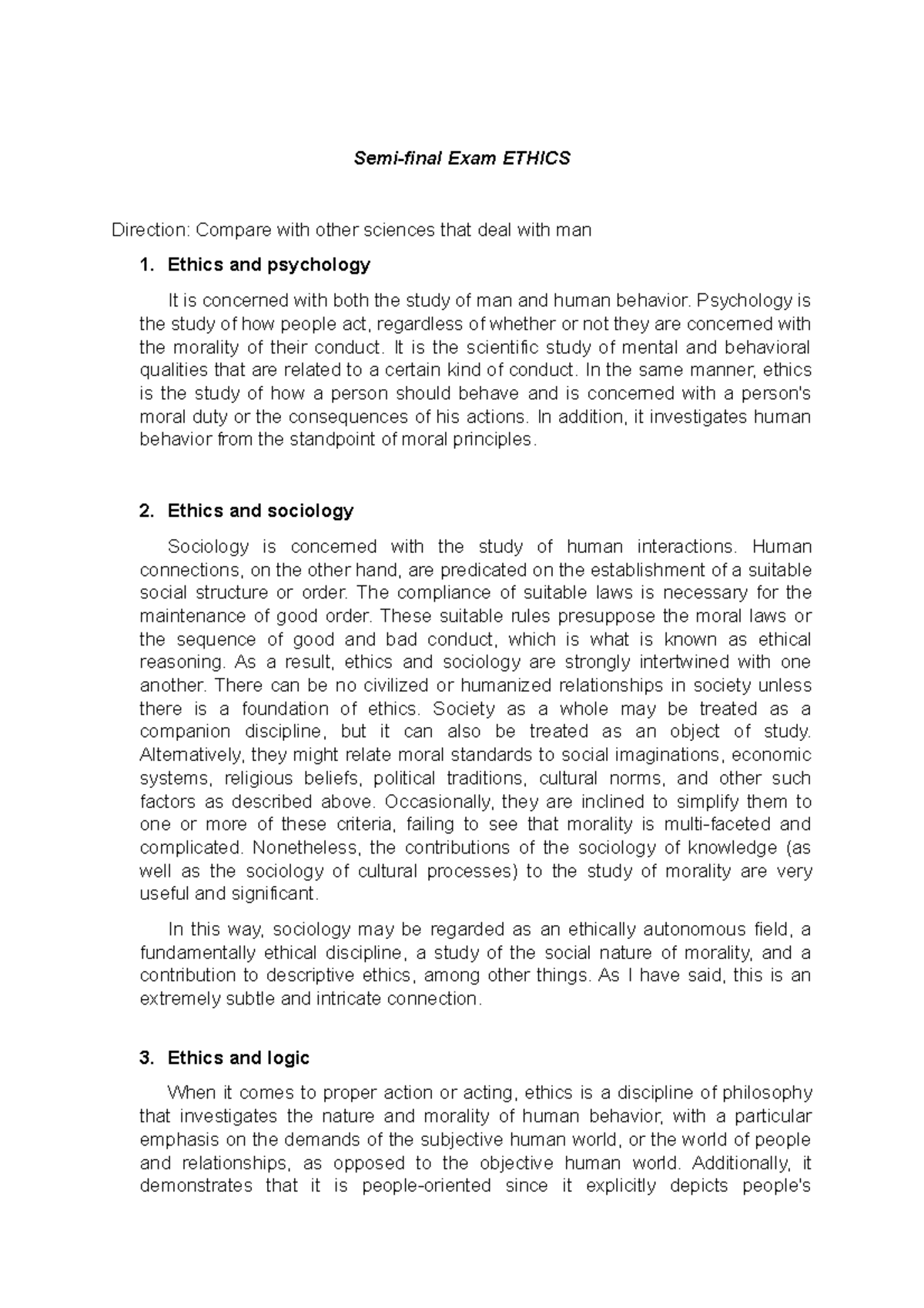 Final- EXAM ( Ethics) - Semi-final Exam ETHICS Direction: Compare With ...