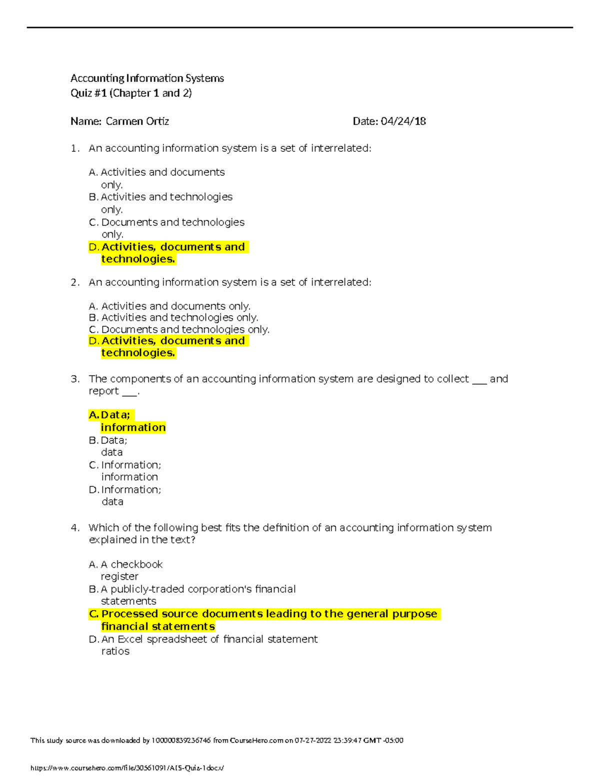 AIS - none - Accounting Information Systems Quiz #1 (Chapter 1 and 2 ...