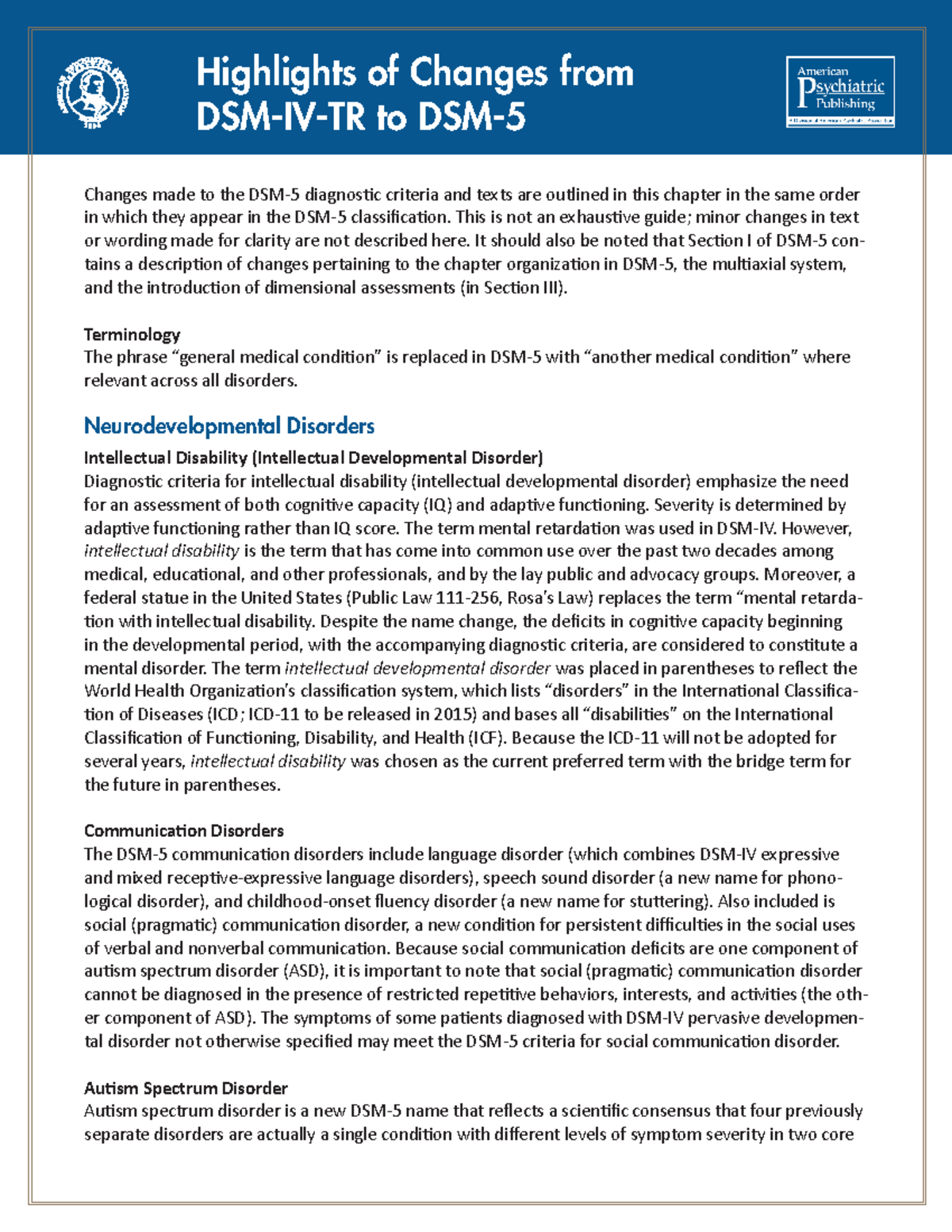 Highlights of Changes from DSM-IV-TR to DSM-5 - Highlights of Changes ...