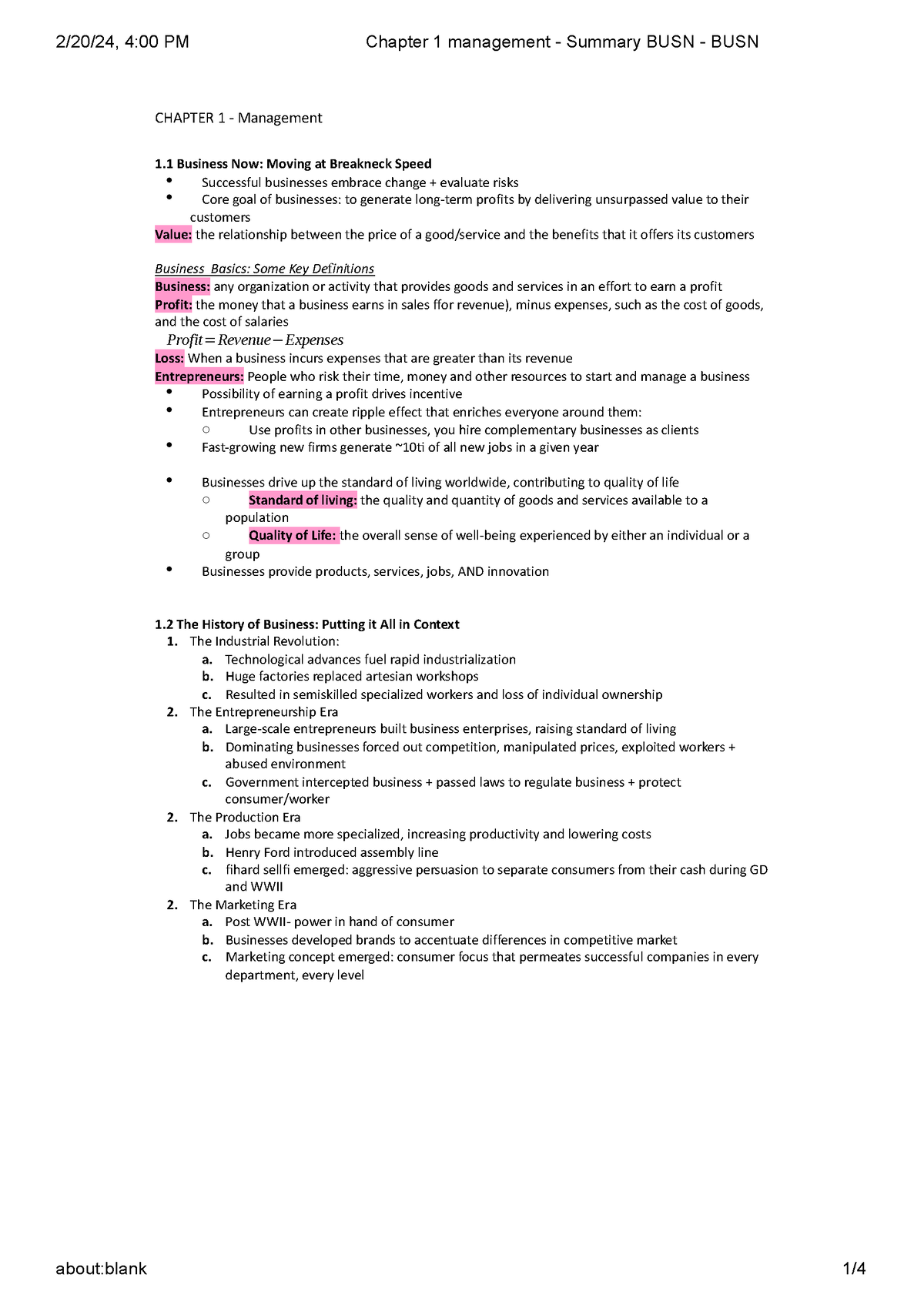 Chapter 1 management - Summary BUSN - BUSN - CHAPTER 1 - Management 1 ...