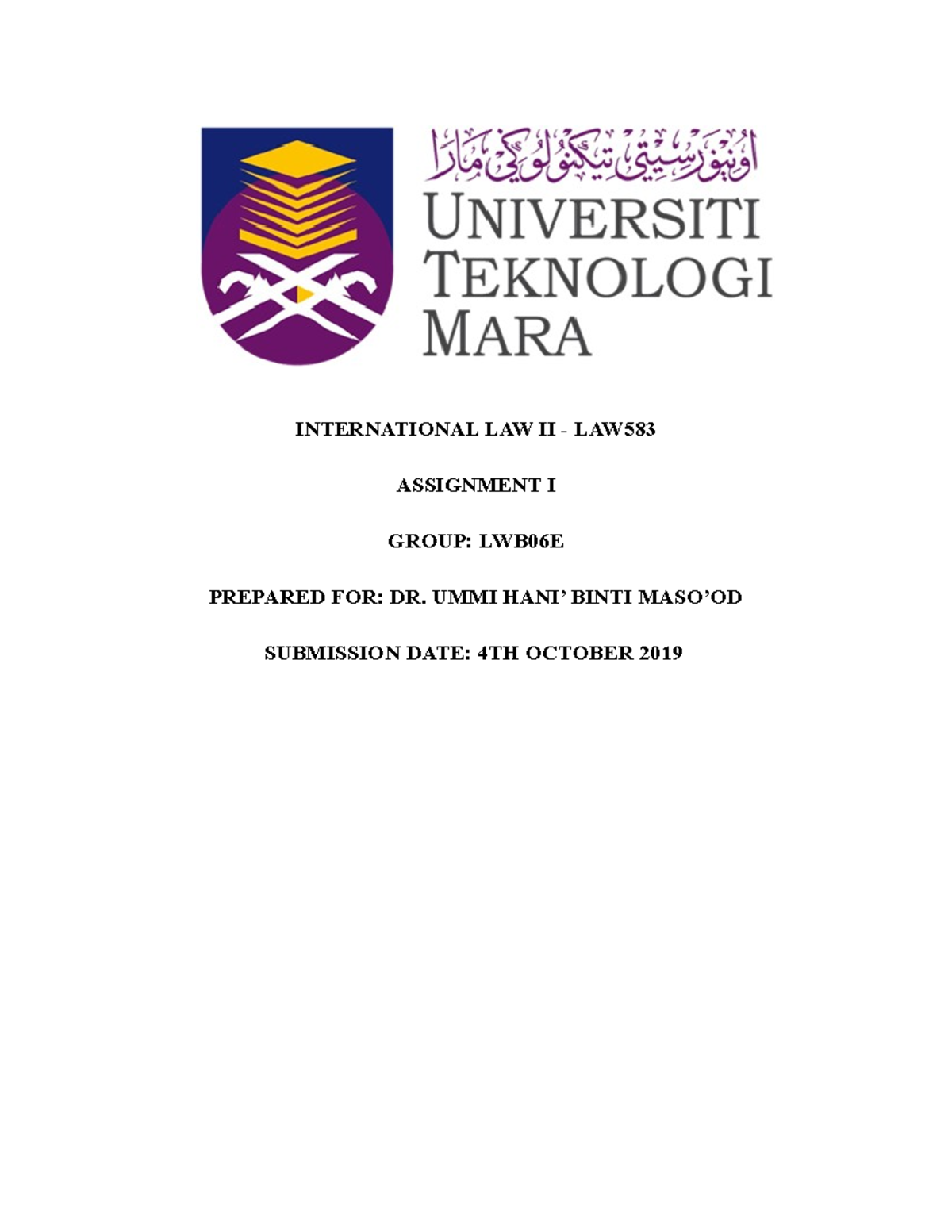 Assignment 1 PIL - INTERNATIONAL LAW II - LAW ASSIGNMENT I GROUP ...