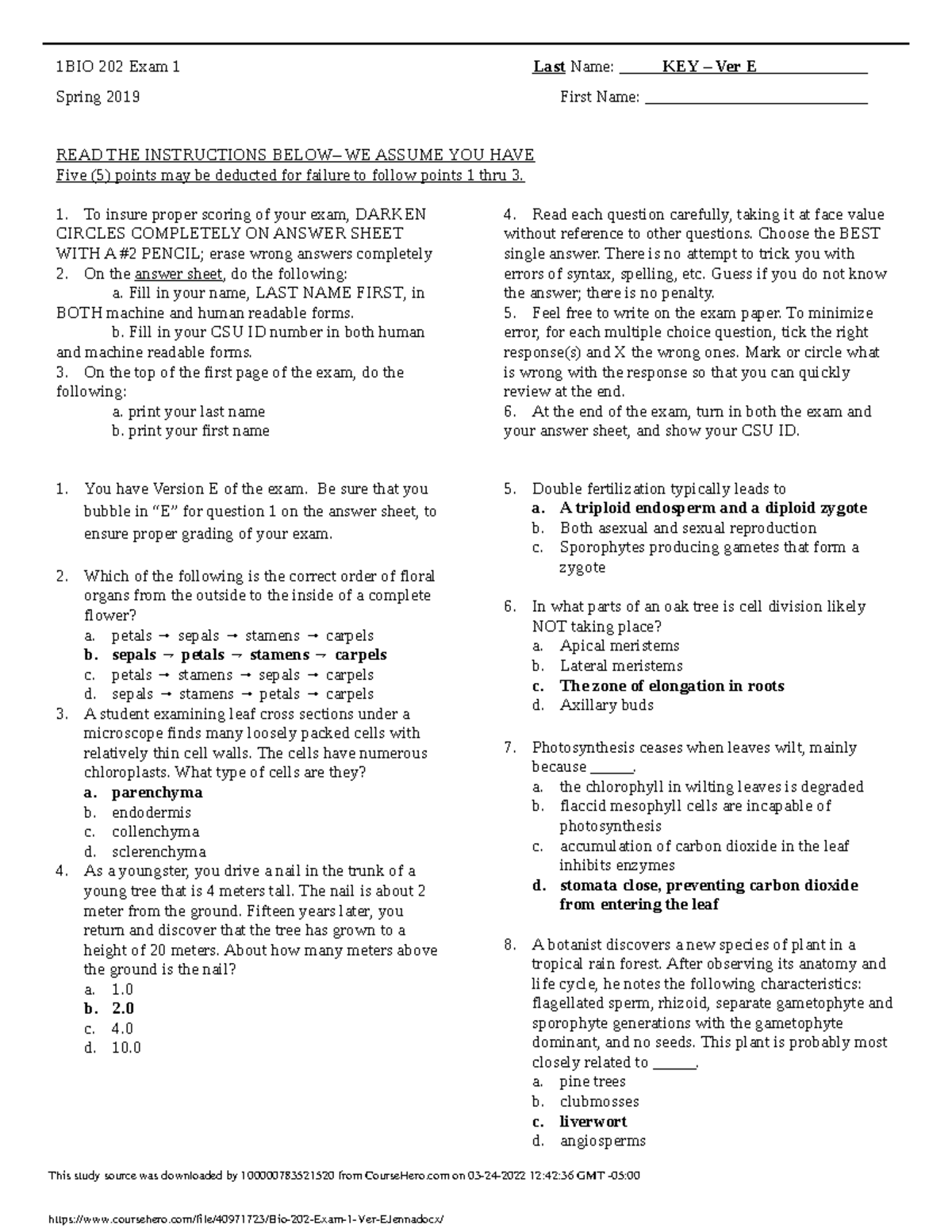 Bio 202 Exam 1 Ver E - Helps You Prepare For The Test - 1BIO 202 Exam 1 ...