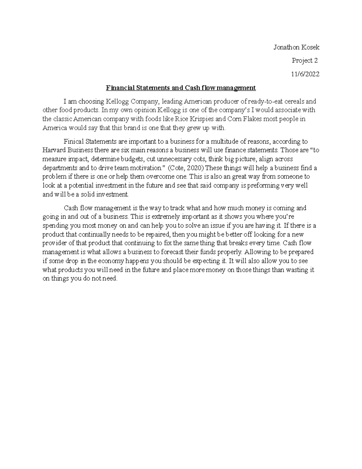 Jonathon Kosek 22 Principles of Finance Jonathon Kosek Project 2 11