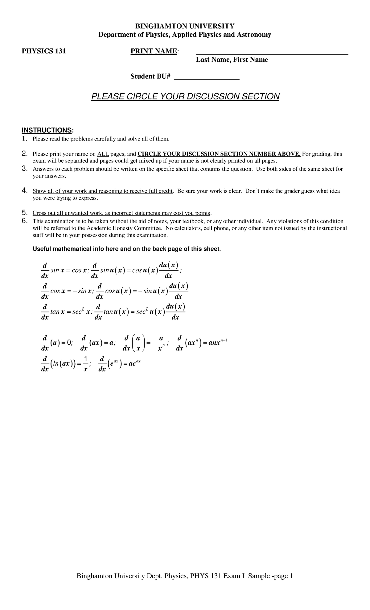 Sample Exam One Questions - BINGHAMTON UNIVERSITY Department Of Physics ...