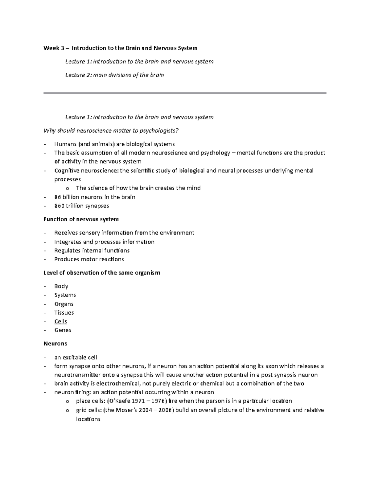 PSYC121 - Brain and nervous system notes - Week 3 – Introduction to the ...