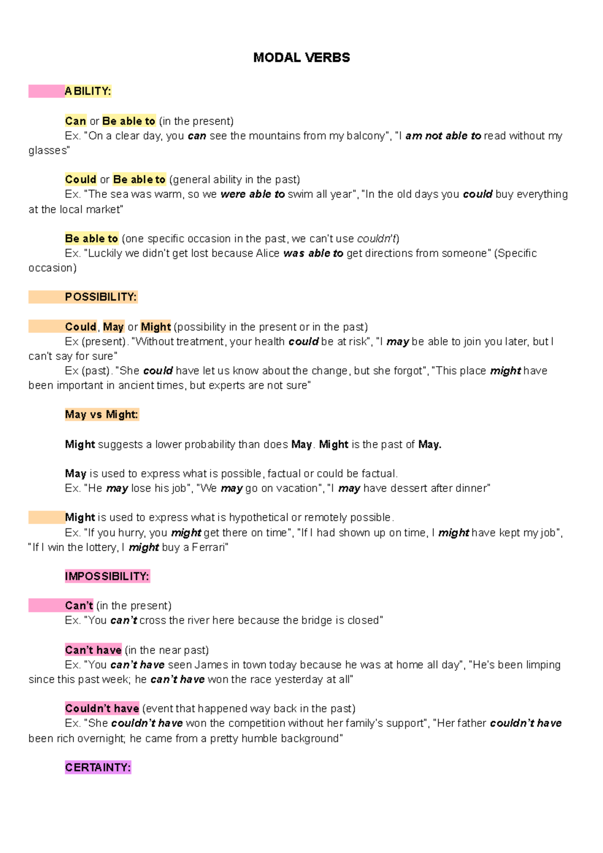 Modal verbs MODAL VERBS ABILITY Can or Be able to (in the present