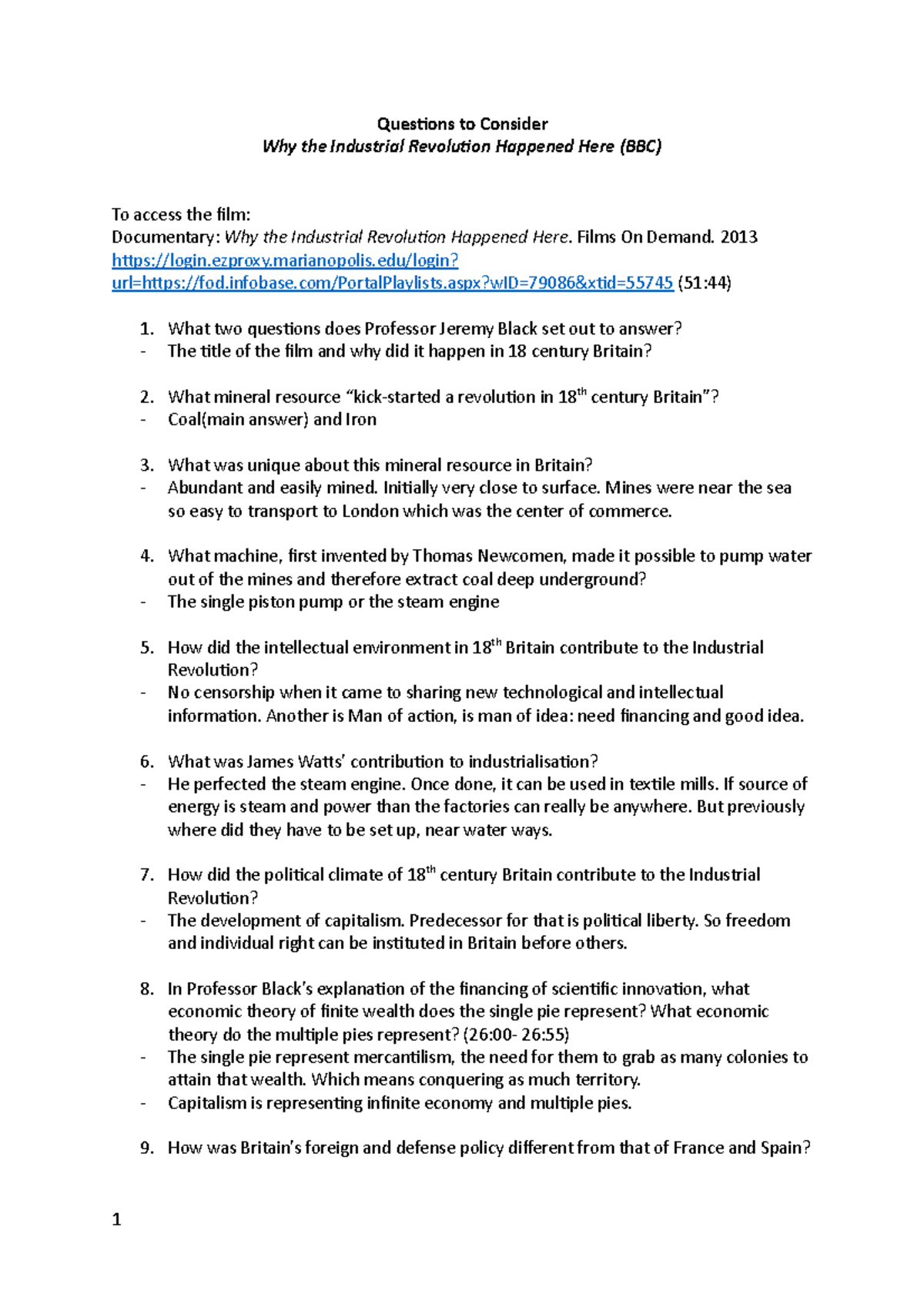 Questionnaire The Industrial Revolution Questions to Consider Why
