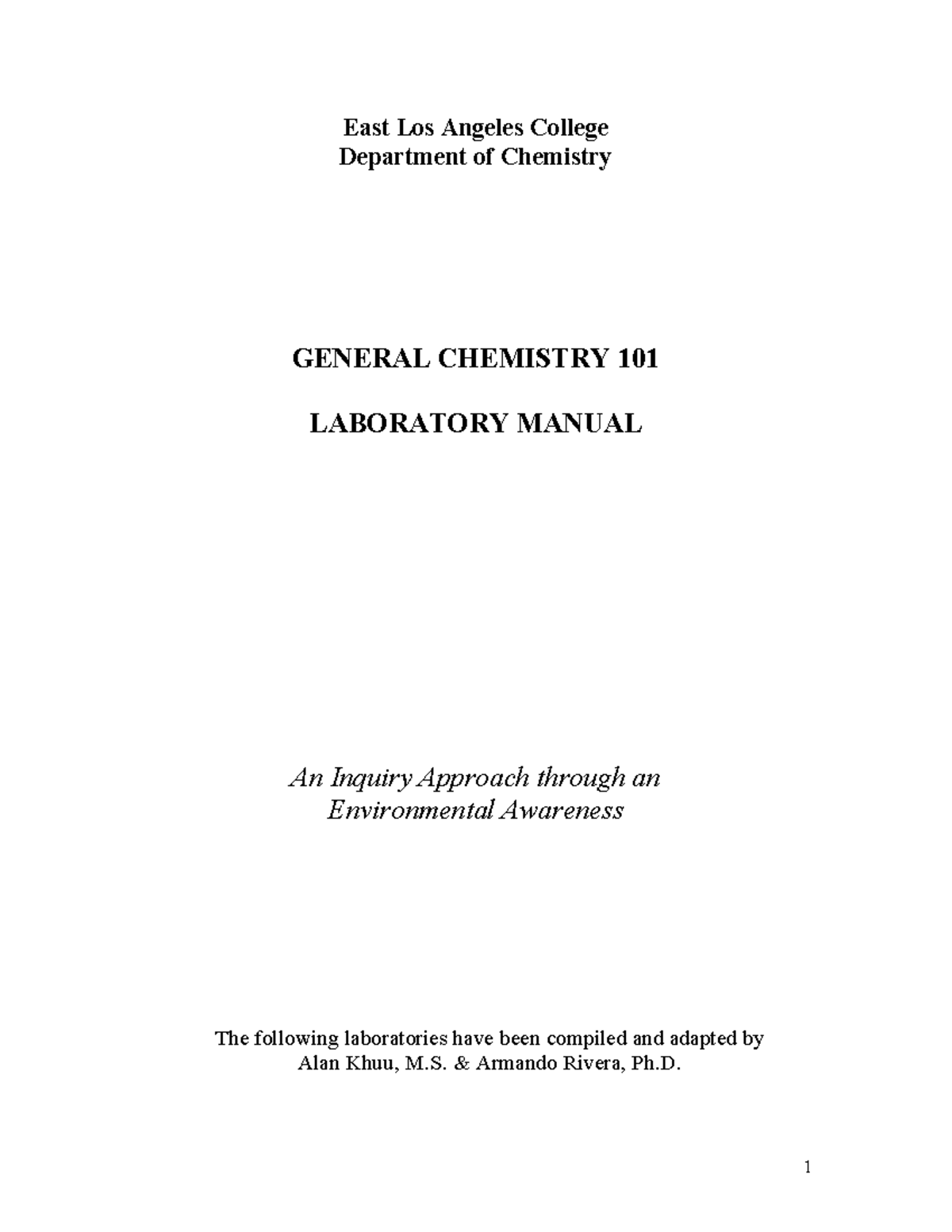Chem 101 Lab Manual East Los Angeles College Department of Chemistry GENERAL CHEMISTRY 10 1