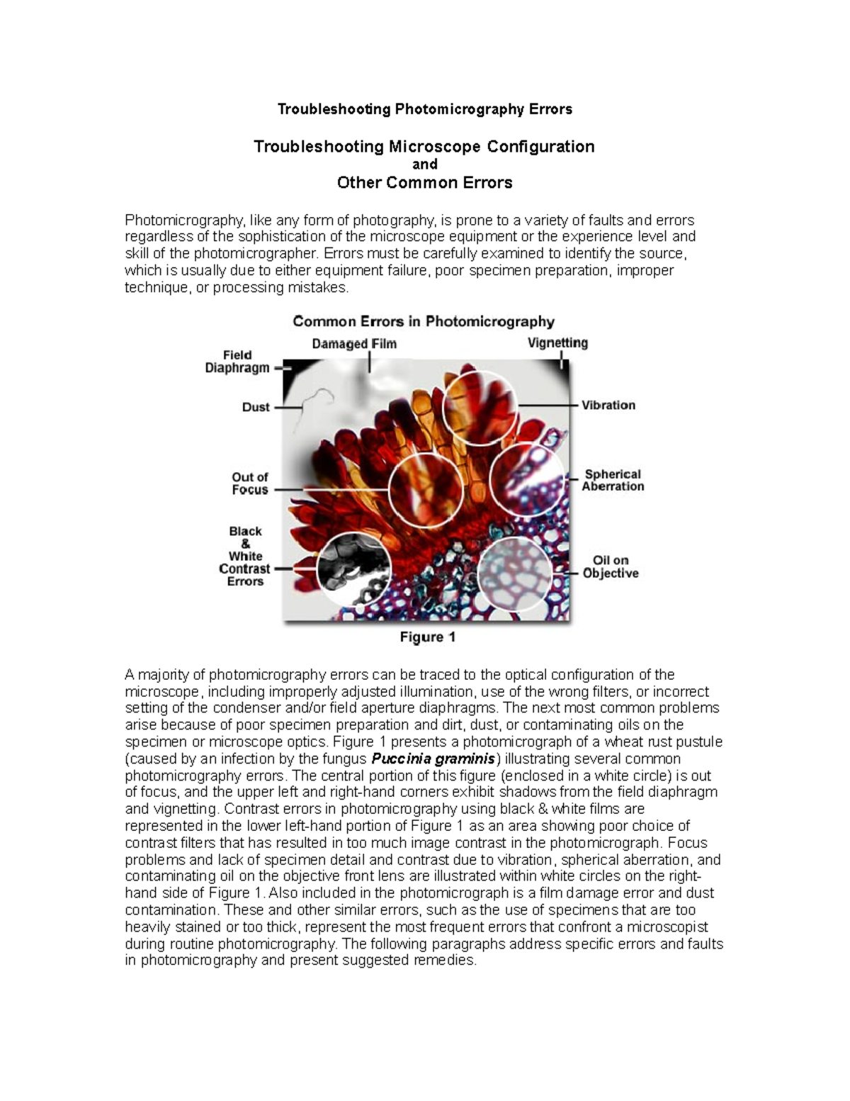 Error in photomicrography Troubleshooting Photomicrography Errors