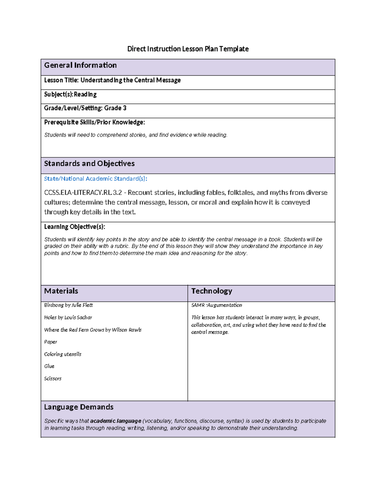Literacy lesson plan - Direct Instruction Lesson Plan Template General ...