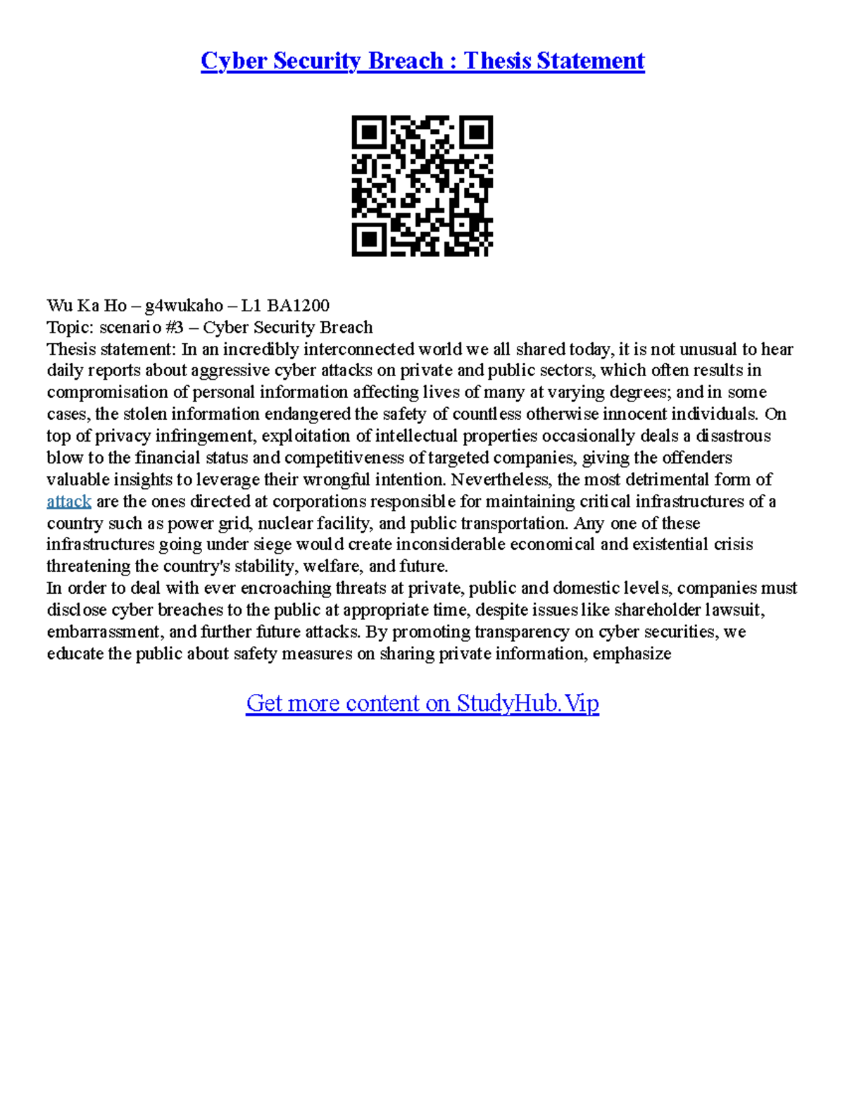 Example Of Thesis Statement In An Essay - Cyber Security Breach ...