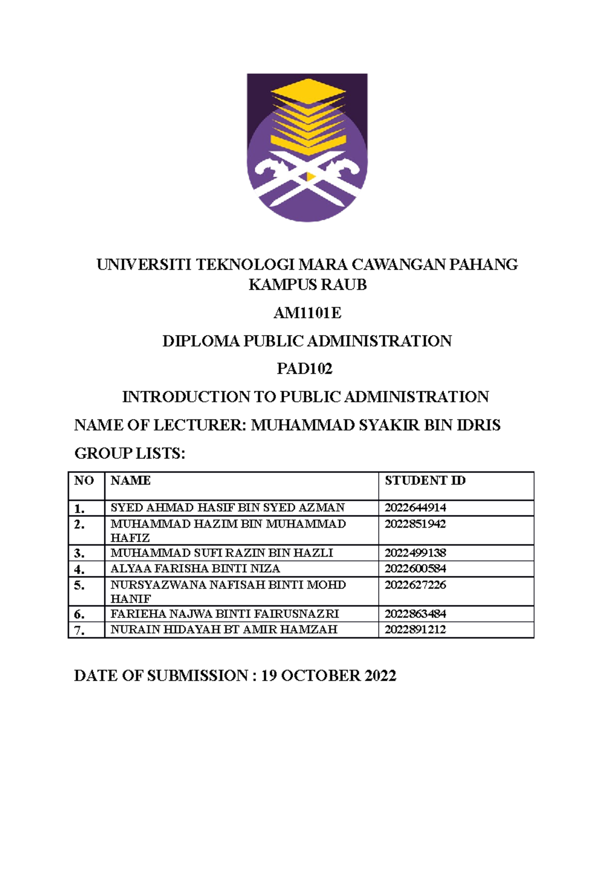 Tutorial TASK PAD102 AM110 - UNIVERSITI TEKNOLOGI MARA CAWANGAN PAHANG ...