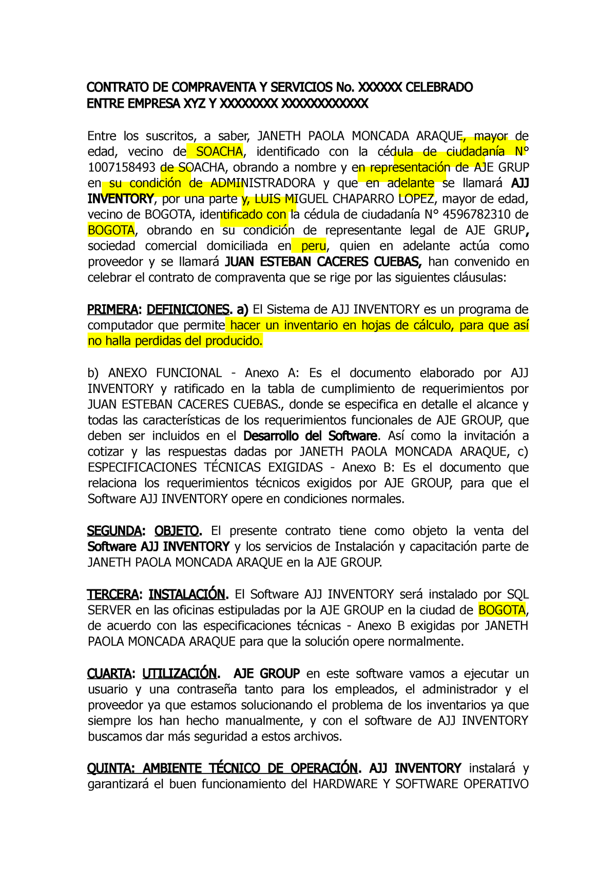 Modelo contrato software Terminar - CONTRATO DE COMPRAVENTA Y SERVICIOS No.  XXXXXX CELEBRADO ENTRE - Studocu