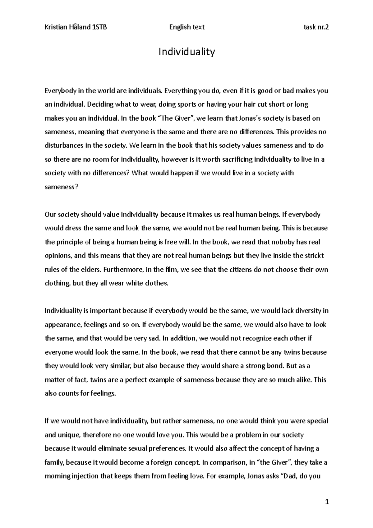 Individuality Amalie Håland 1STC - Kristian Håland 1STB English text ...