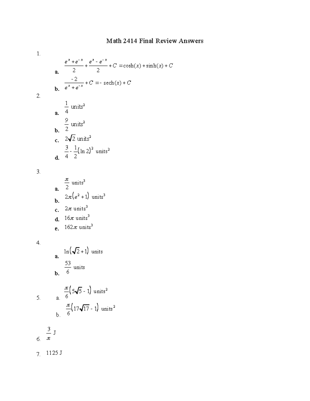 MATH 2414 Final Review Answers SP17 - Math 2414 Final Review Answers 1 ...