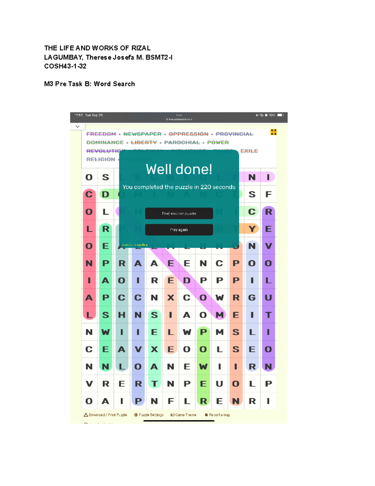 Lagumbay M3 Pre Task B Word Search - Life and Works of Rizal - THE LIFE ...