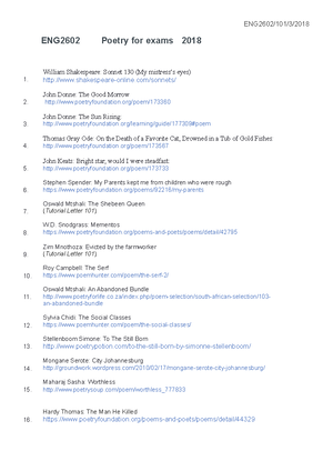 Eng2602 Poetry For Exams 18 Eng2602 101 Eng2602 Poetry For Exams 18 William Shakespeare Sonnet 130 My Mistress Eyes Http Www Shakespeare Online Com Sonnets Studocu