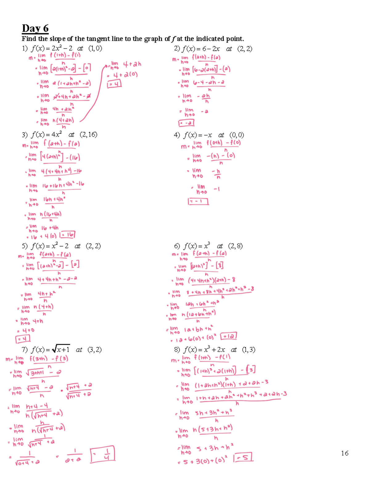 Slope of Tangent Line Worksheet Solutions 16 Day 6 Find the slope