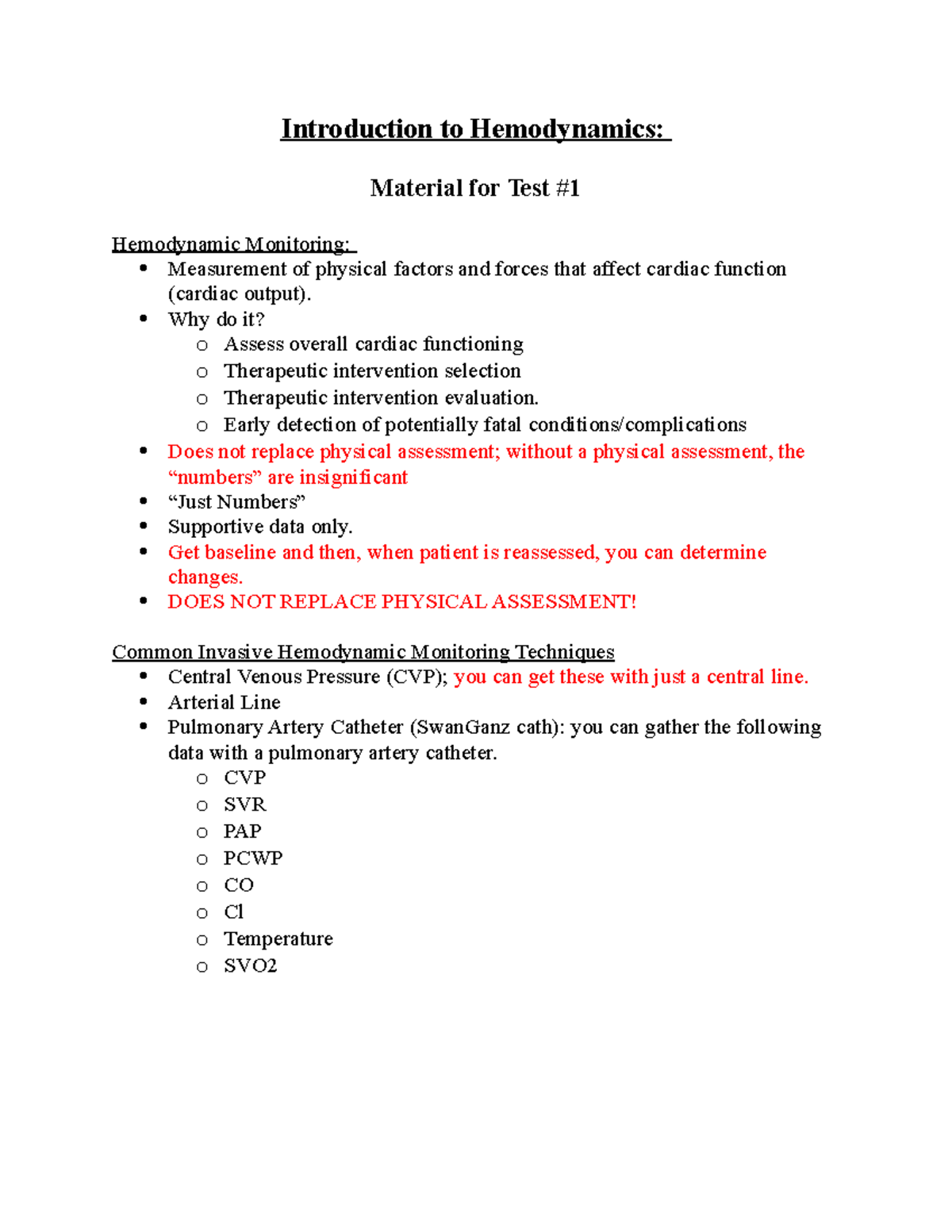 Hemodynamics - notes - Introduction to Hemodynamics: Material for Test ...