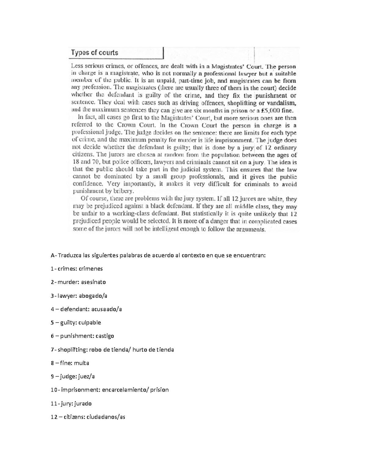 Primer Parcial Ingles Juridico A Traduzca las siguientes palabras de