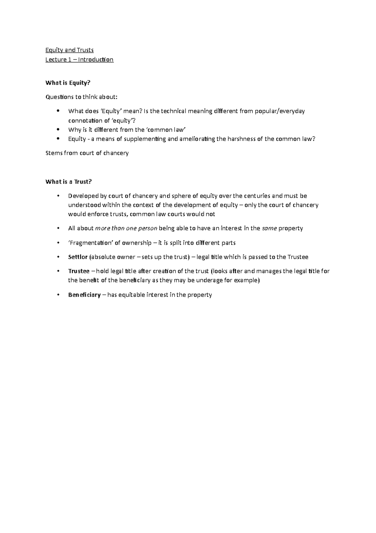 Equity and Trusts Notes - Equity and Trusts Lecture 1 – Introduction ...