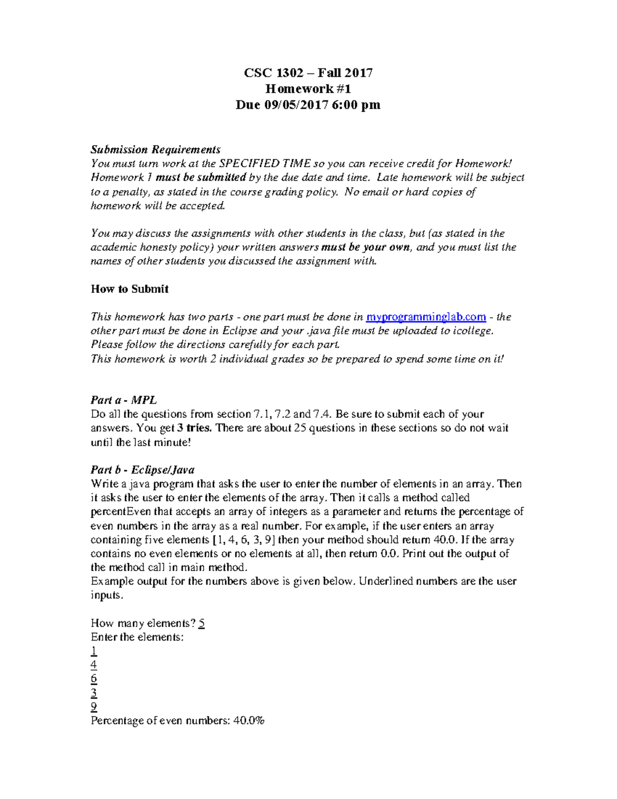 Homework 1 - Java program - CSC 1302 – Fall 2017 Homework Due 09/05 ...