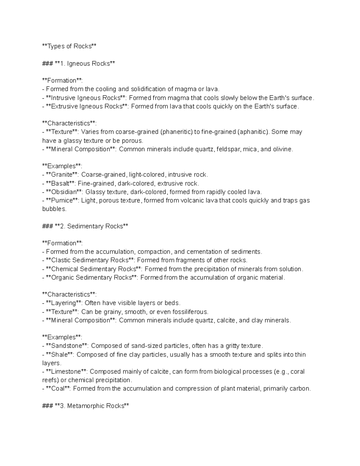 Geology Rocks Notes - Types of Rocks 1. Igneous Rocks Formation: Formed ...