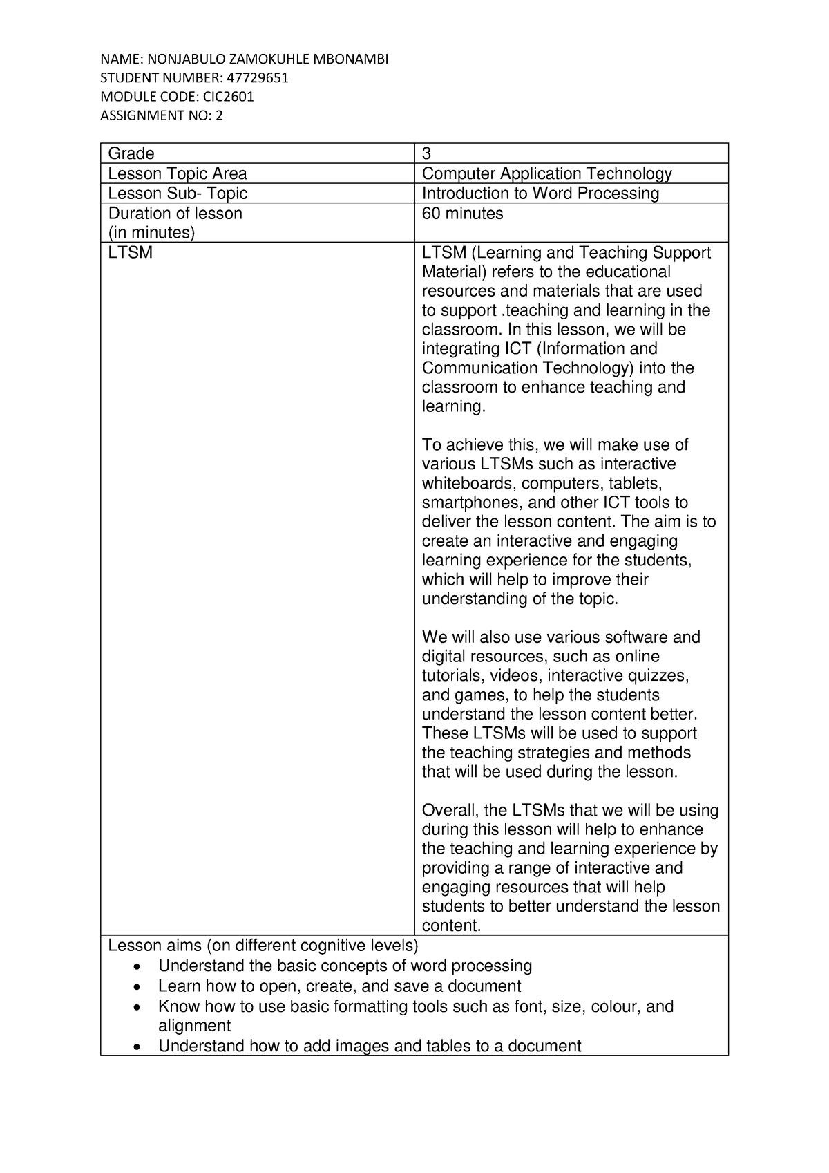 cic2601 assignment 3 lesson plan