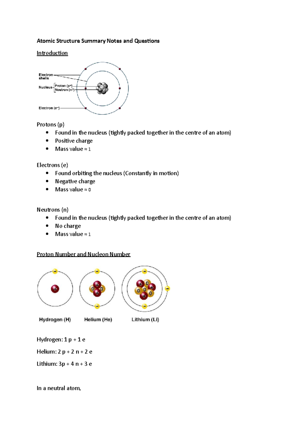 Atomic Structure Summary Notes - Test001 - NUS - Studocu