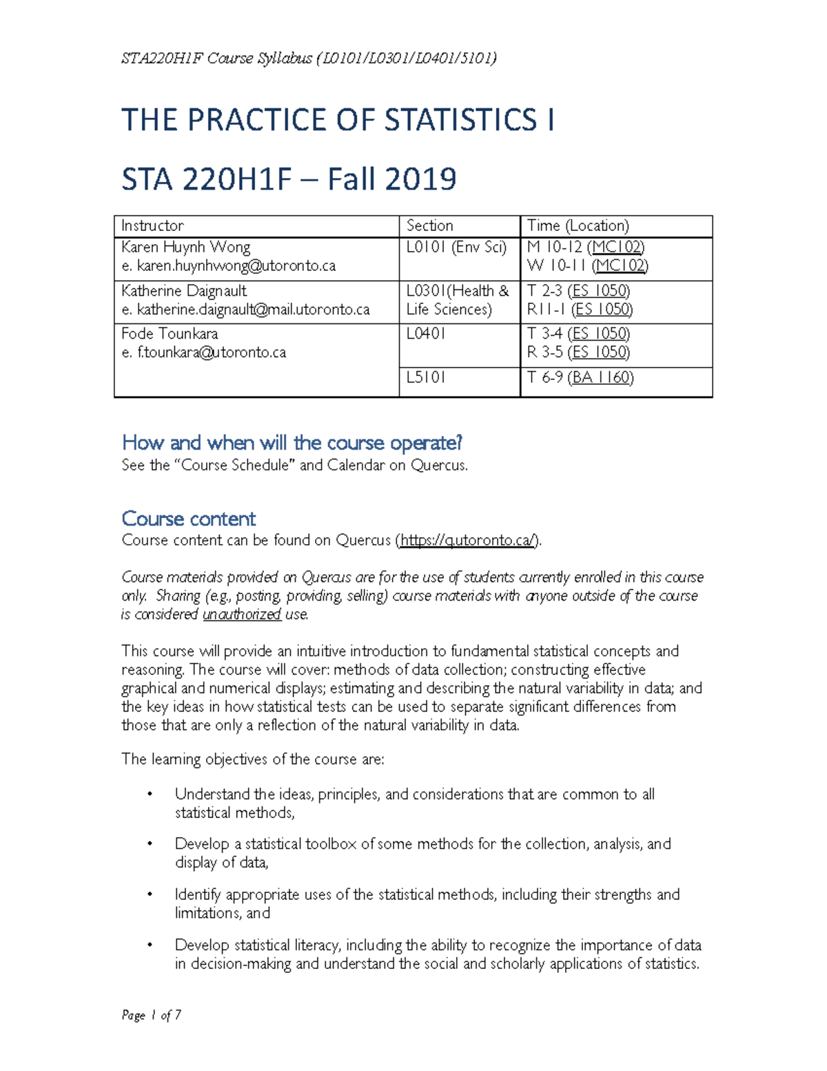 STA220H1F - Fall 2019 Syllabus - THE PRACTICE OF STATISTICS I STA ...