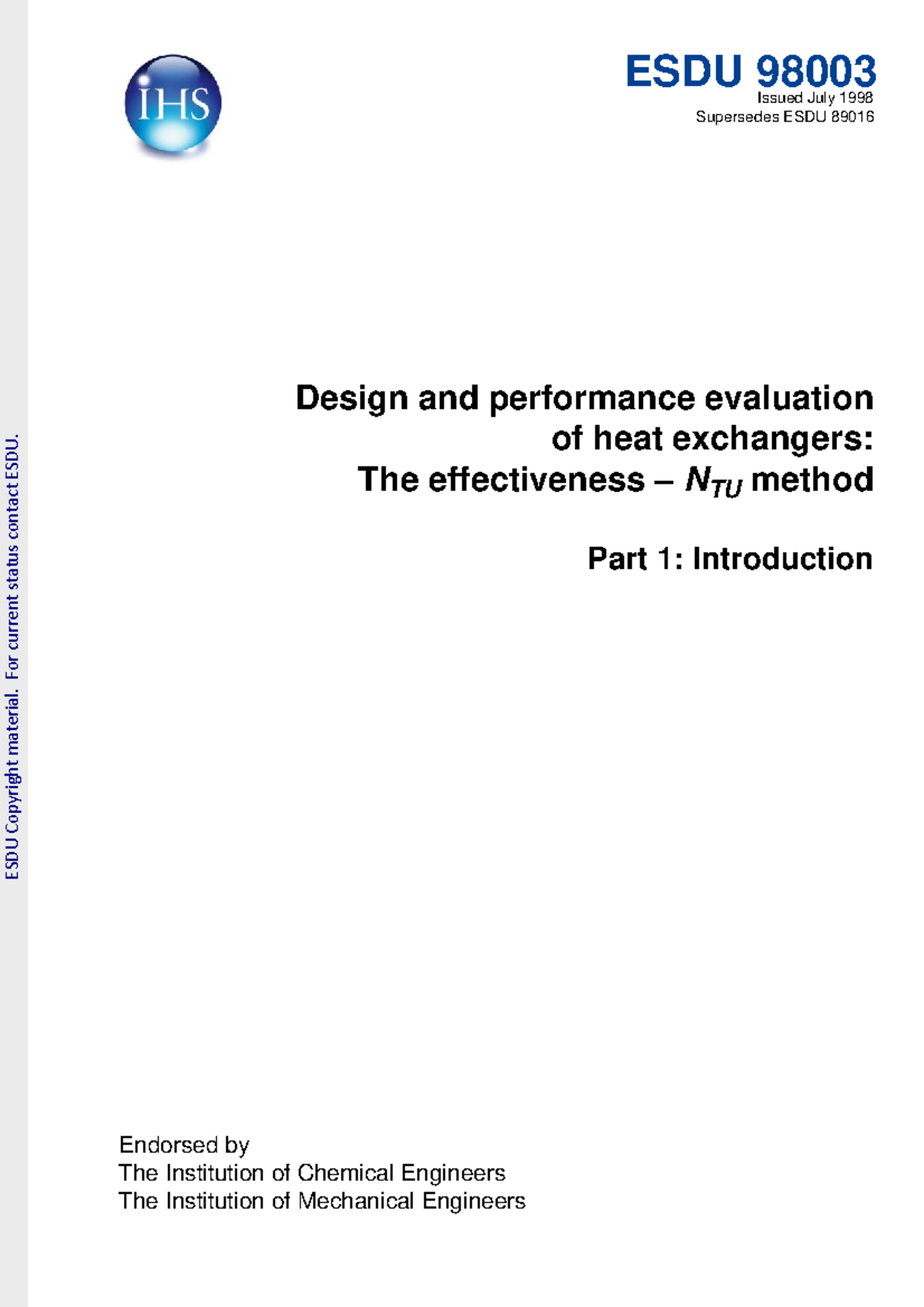 NTU method Part 1 Introduction ESDU Copyright material. For