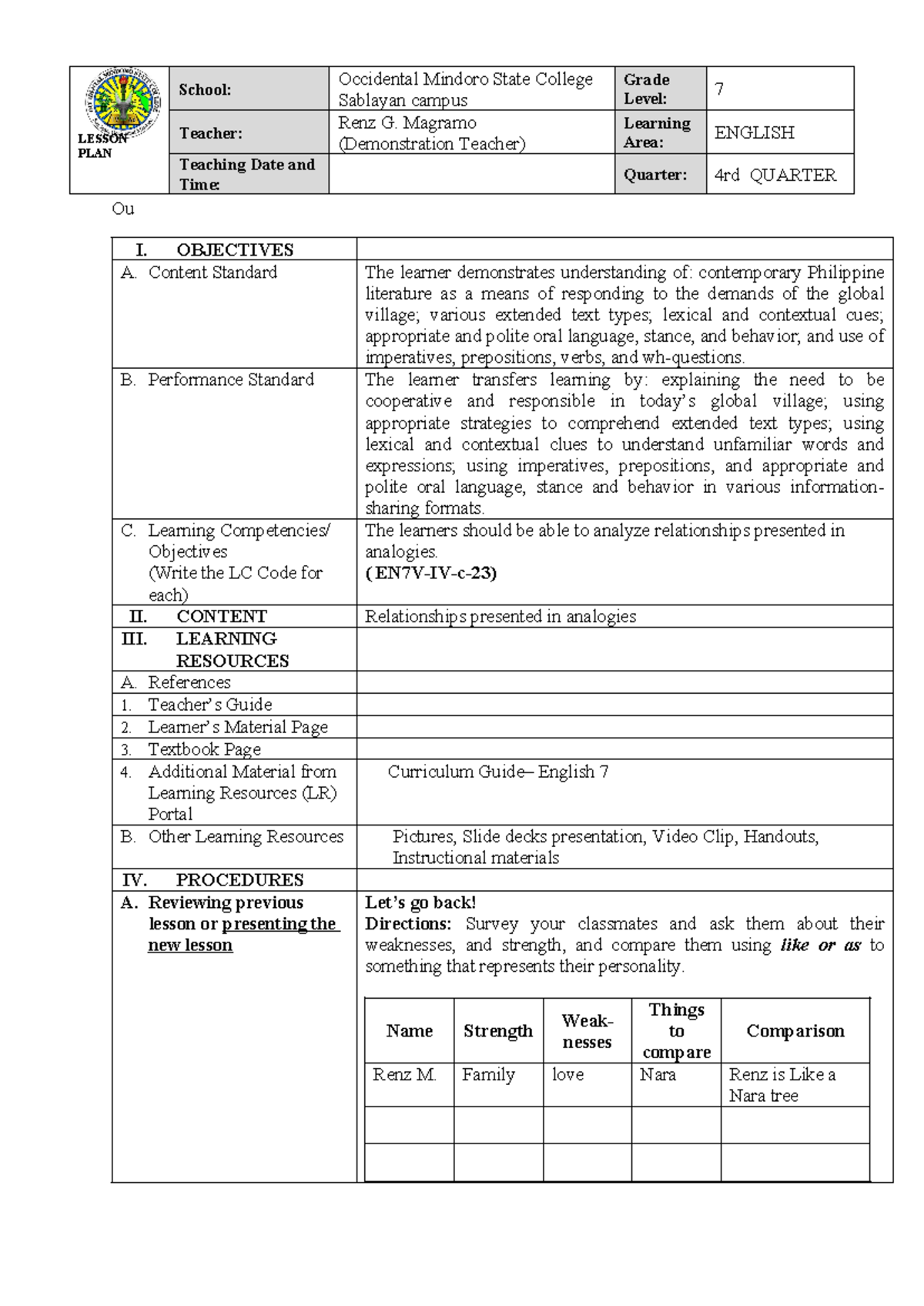 Magramo, lp 1st - lesson pan a - Ou I. OBJECTIVES A. Content Standard ...